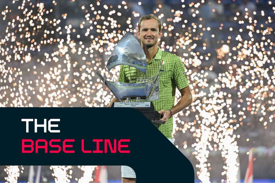Daniil Medvedev celebrates with his Dubai trophy