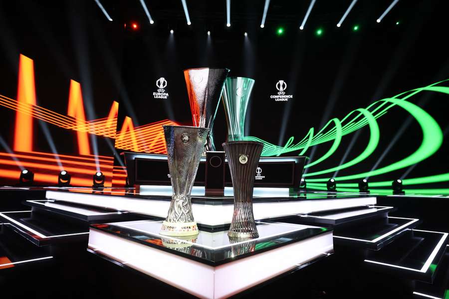 The Europa League trophy, left, in Monaco on Friday