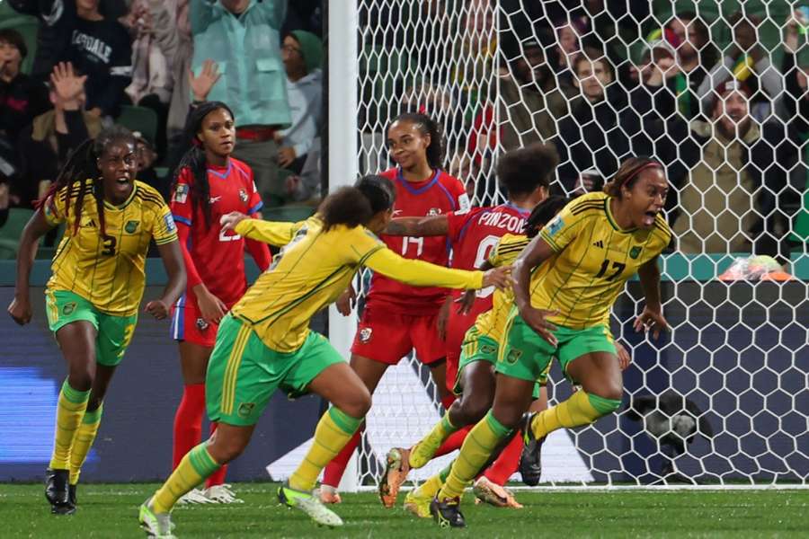 Jamaica celebrate the solitary goal of the game