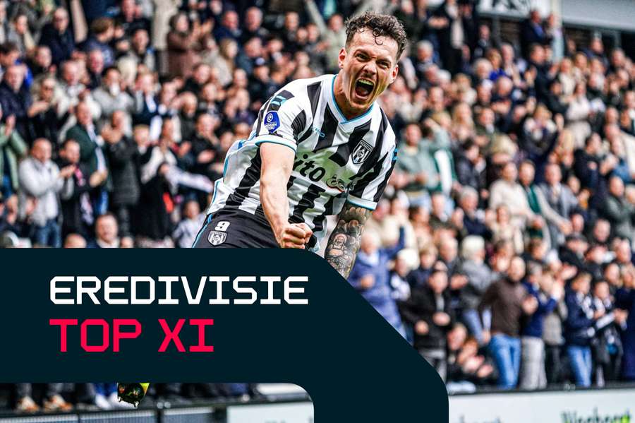 Heracles' Jizz Hornkamp celebrates scoring one of his three goals against PEC Zwolle