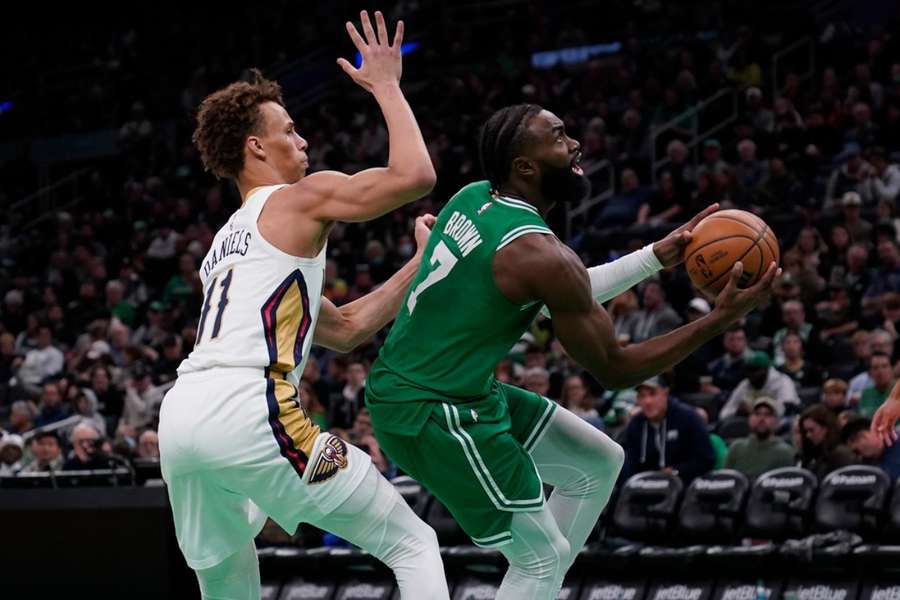 Jaylen Brown in action against the Pels