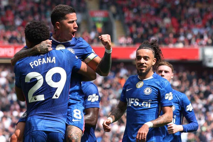 Chelsea's Enzo Fernandez celebrates scoring their equalising goal with Wesley Fofana