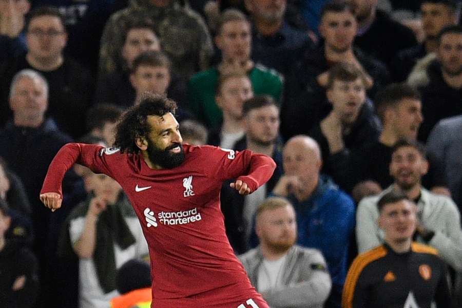 Mohammed Salah jubler over en af hans to scoringer mod Leeds