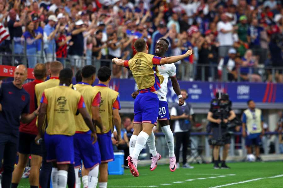 USA's Folarin Balogun celebrates scoring his team's second goal during the 2024 Copa America 
