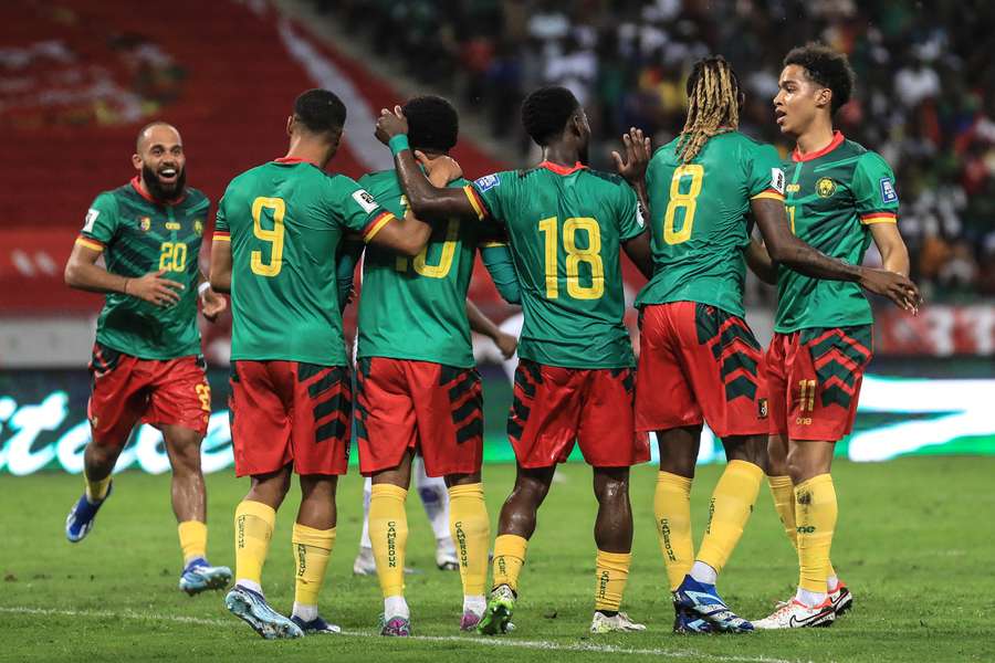 Cameroon's players celebrate after scoring a goal during the FIFA World Cup 2026 Africa qualifying match between Cameroon and Mauritius