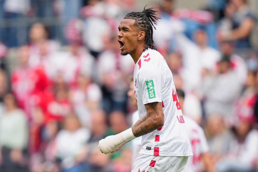 Damion Downs feiert seinen Treffer zum 3:1 für Köln gegen Münster.