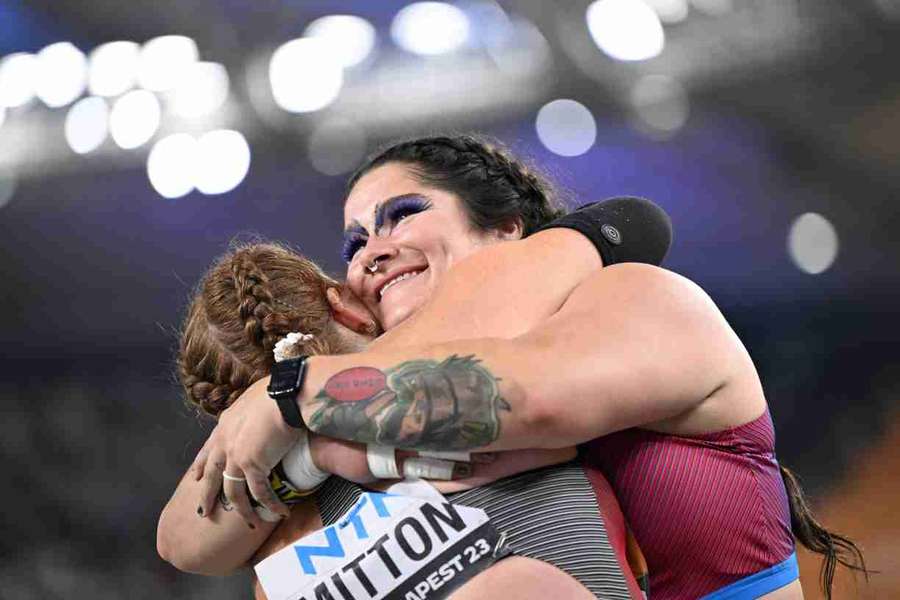 Chase Ealey celebrates with Sarah Mitton after winning the women's shot put final Chase Ealey celebrates with Sarah Mitton after winning the women's shot put final