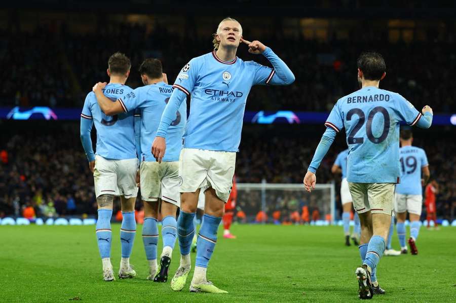 Erling Haaland celebrates scoring against Bayern Munich to put Man City 3-0 up