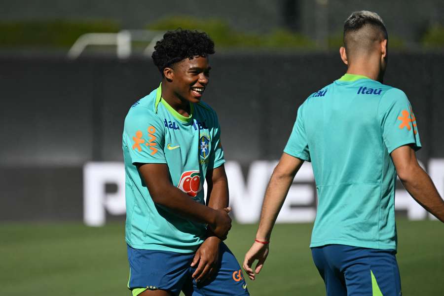 Brazil forward Endrick (L) takes part in a training session ahead of the 2024 Copa America