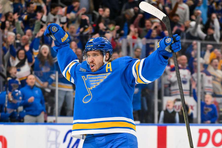 Robert Thomas celebrates his game-winning goal for the St. Louis Blues in the NHL on Friday. Robert Thomas celebrates his game-winning goal for the St. Louis Blues in the NHL on Friday.