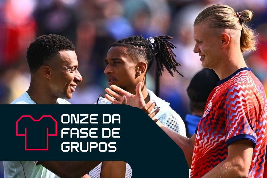 Mbappé (E), Olise (C) e Haaland (D) após o duelo entre França e Noruega