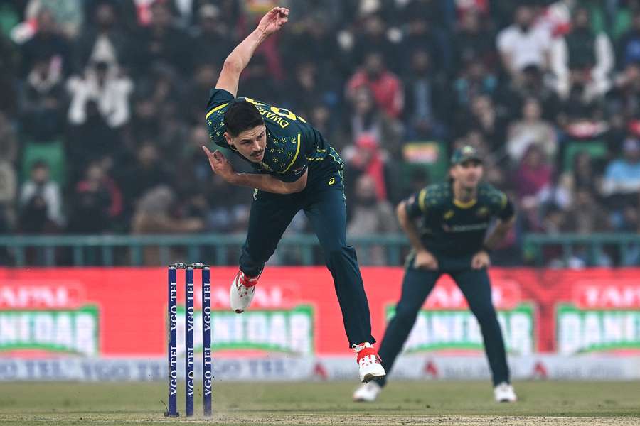 Ben Dwarshuis bowls during a T20I in Pakistan earlier this year.