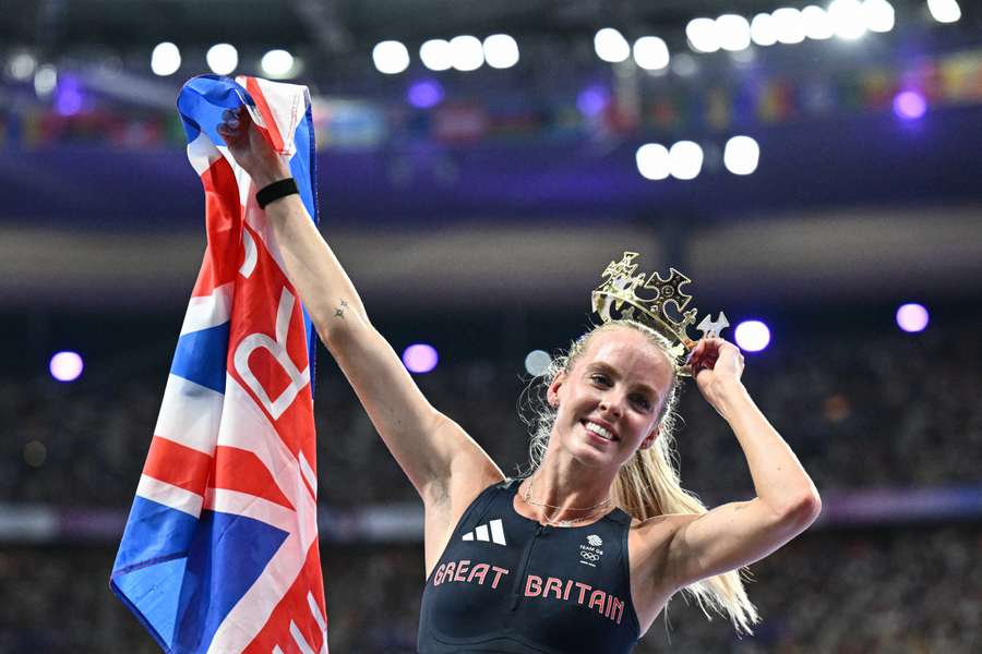 Britain's Keely Hodgkinson celebrates after winning the women's 800m final 