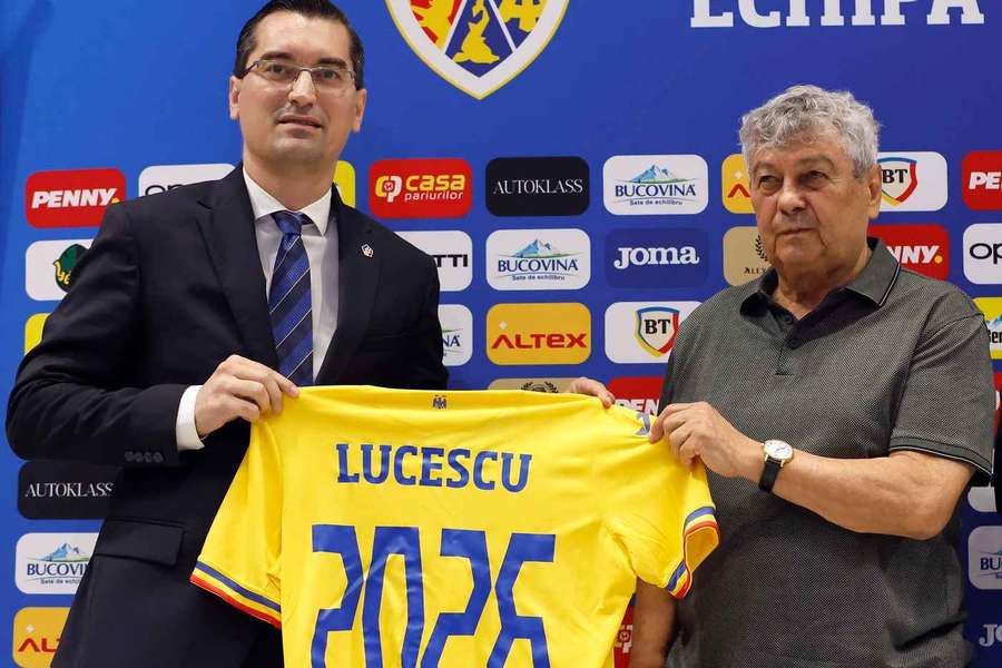 Președintele FRF, Răzvan Burleanu, alături de regretatul Mircea Lucescu, în august 2024, când ”Il Luce” a fost confirmat drept selecționerul României
