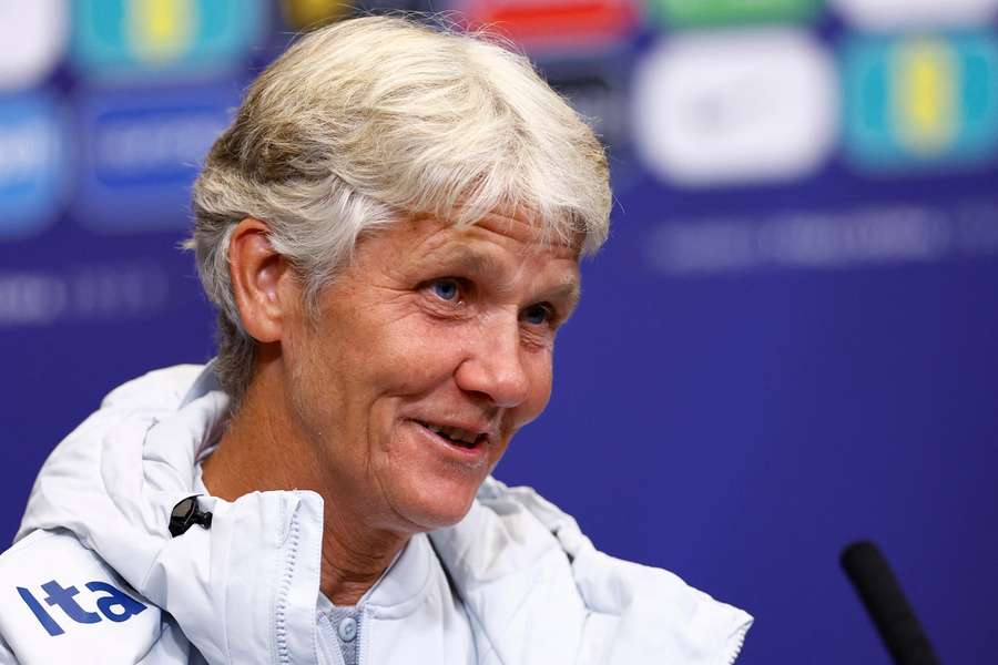 Pia Sundhage, treinadora do Brasil, durante a conferência de imprensa