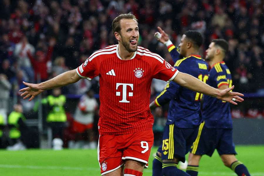 Harry Kane celebrating Bayern Munich's second goal against Arsenal during the week.