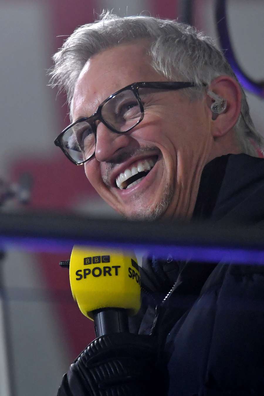 BBC presenter Gary Lineker smiles during the build-up for the English FA Cup third round football match between Arsenal and Newcastle in 2021