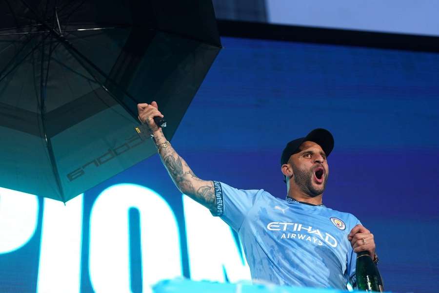 Kyle Walker during a trophy parade in Manchester after they won their fourth successive Premier League title and their sixth in seven years