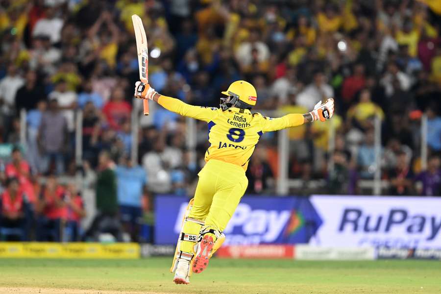 Chennai Super Kings' Ravindra Jadeja celebrates his team's win