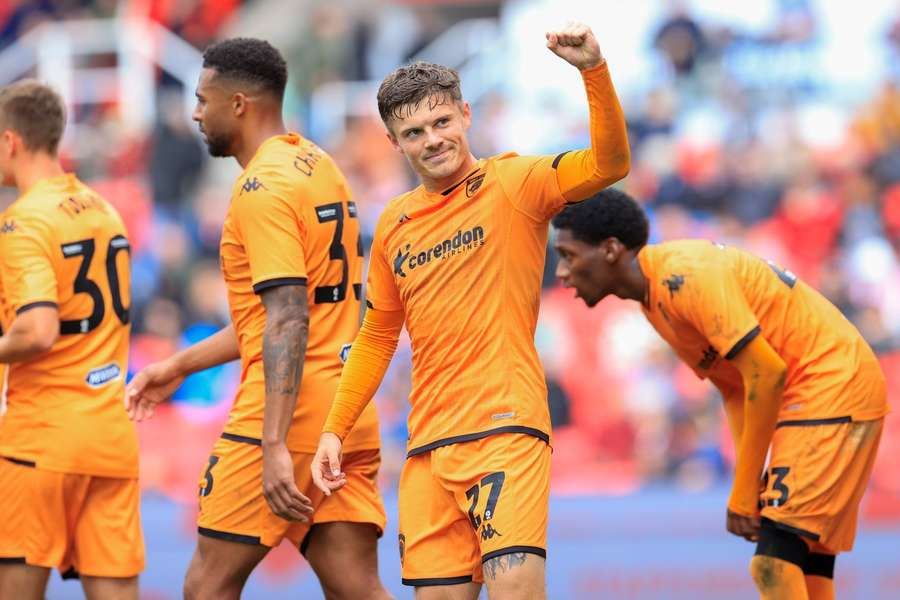 Regan Slater #27 of Hull City celebrates scoring to make it 3-0