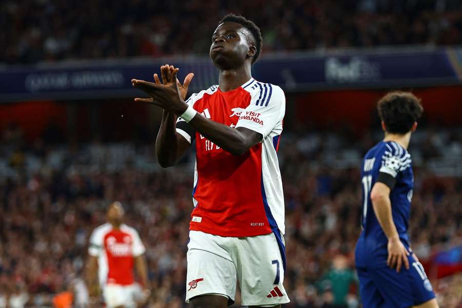 Bukayo Saka of Arsenal shows a look of dejection