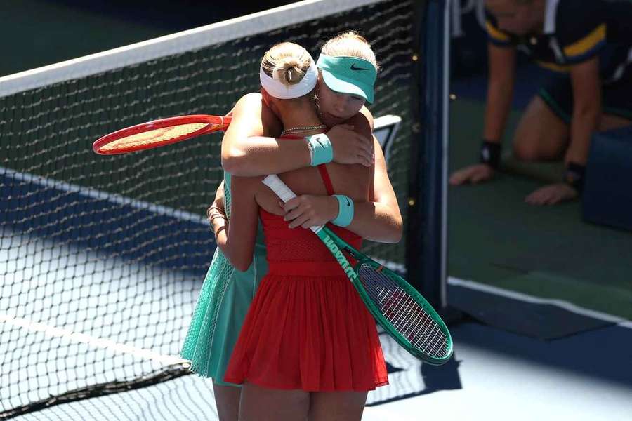 Mirra Andreeva hugs Anastasia Potapova at the end of the match 