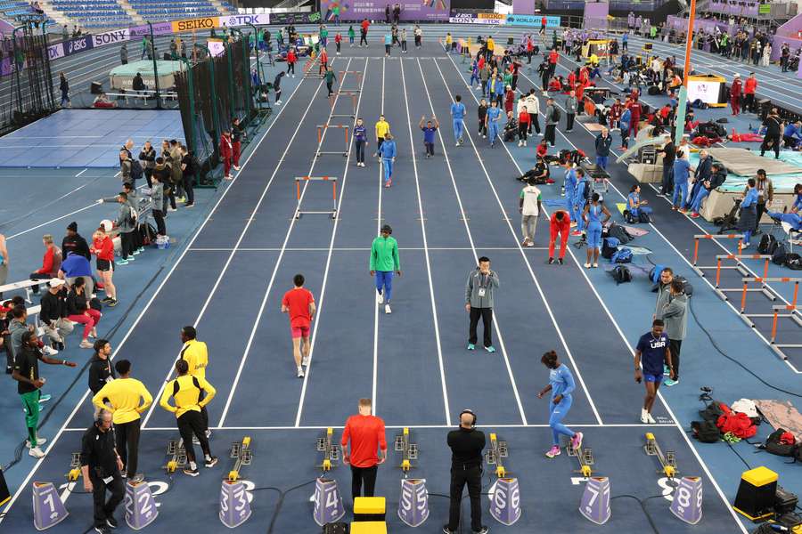 Athletes attend a training session ahead of the 2025 World Athletics Indoor Championships in Nanjing