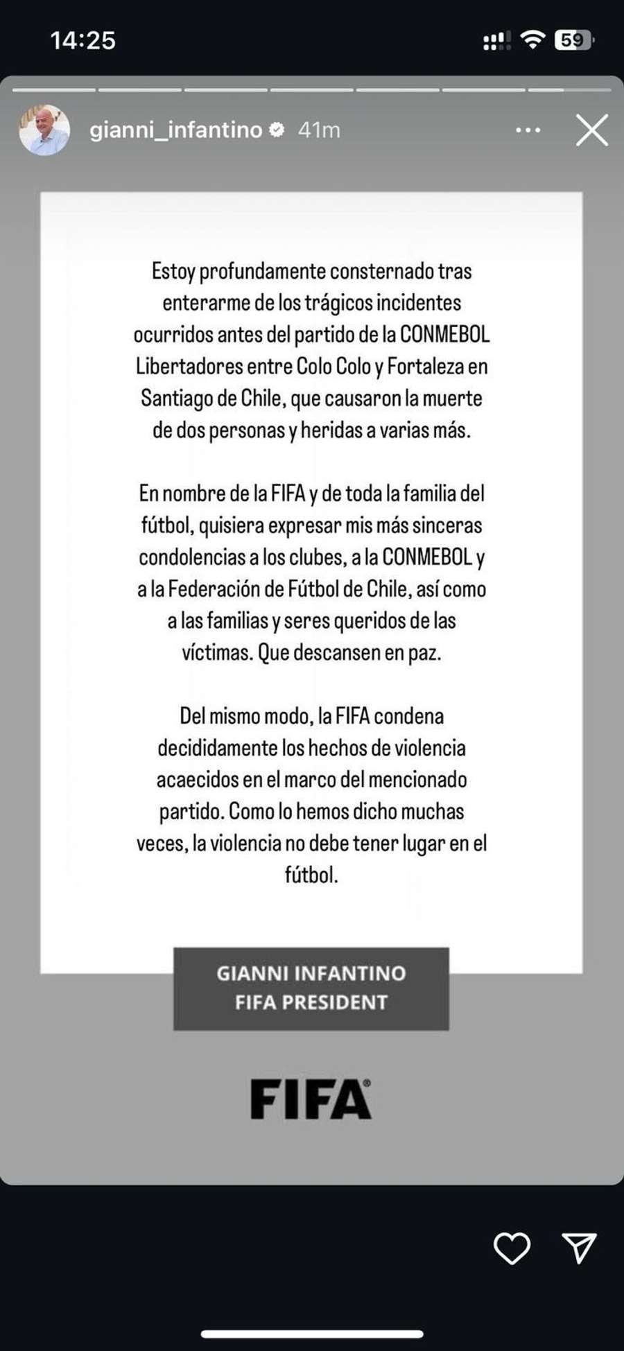 A mensagem de Gianni Infantino, presidente da FIFA, após incidentes em Santiago A mensagem de Gianni Infantino, presidente da FIFA, após incidentes em Santiago