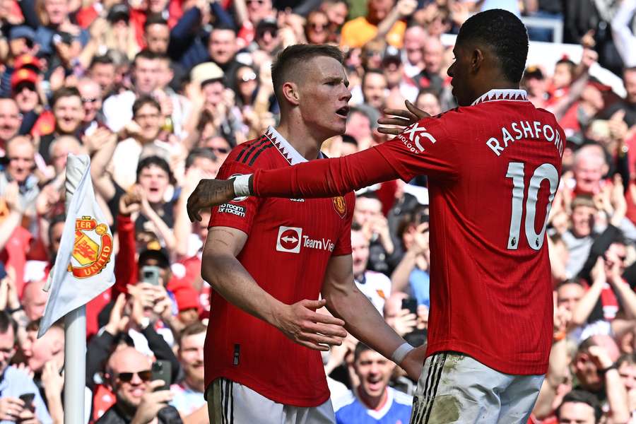 Manchester United's Scottish midfielder Scott McTominay celebrates scoring the opening goal at Old Trafford