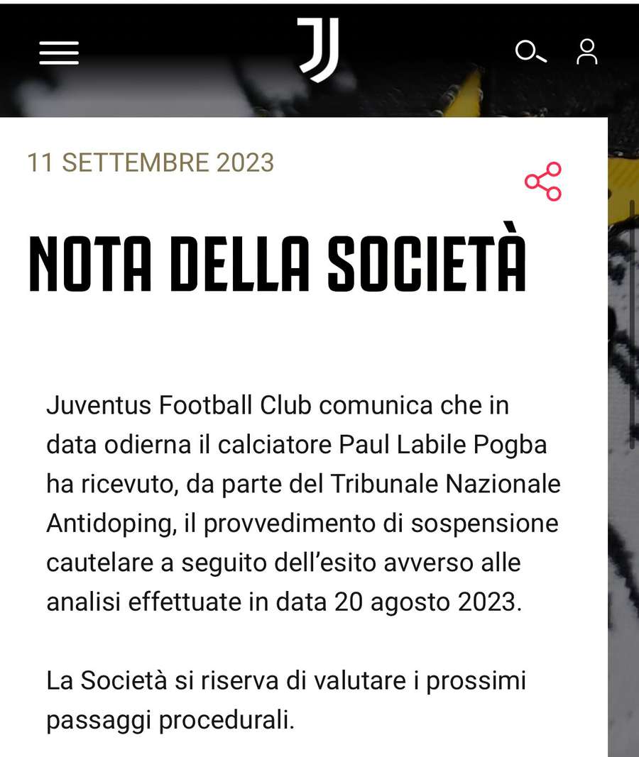 Nota de la Juventus en la web oficial