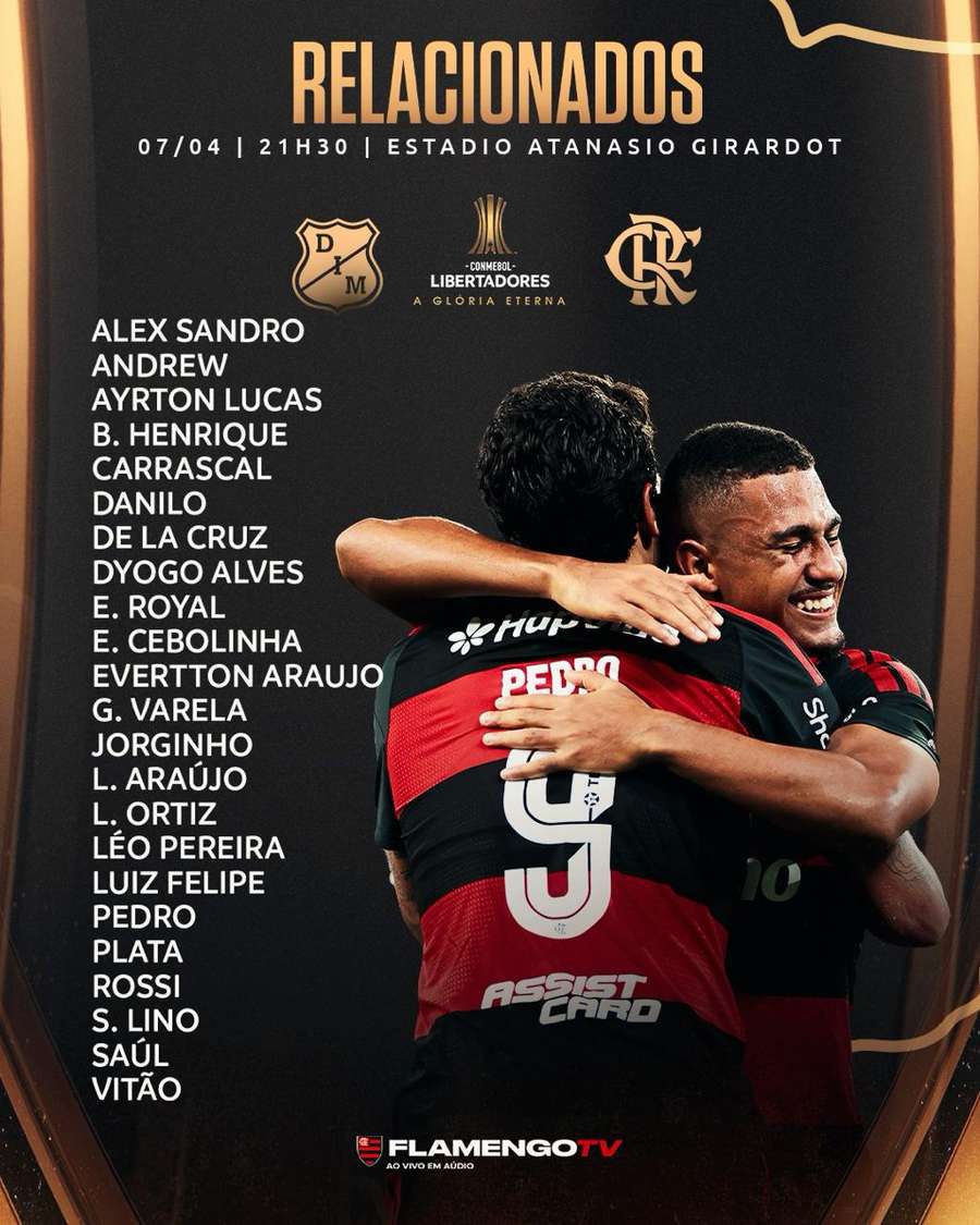 Relacionados do Flamengo para jogo contra Independiente Medellín
