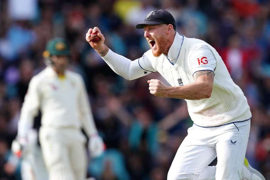 Ben Stokes celebrates the catch of Australia's Pat Cummins during day five of the fifth Ashes Test