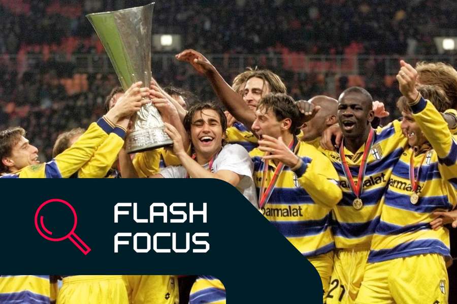 Parma players celebrating their second UEFA Cup in its history in 1999