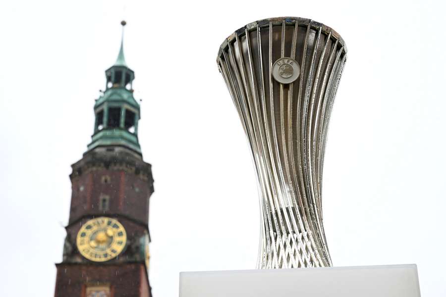 A view of the UEFA Conference League trophy ahead of the 2025 final in Wroclaw