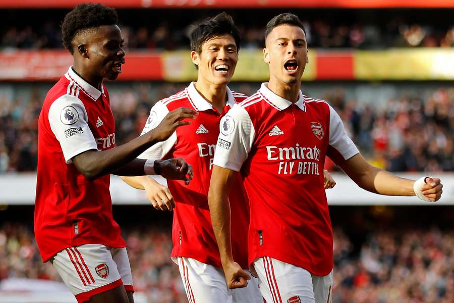 Gabriel Martinelli celebrates scoring his team's first goal during the Premier League match between Arsenal and Liverpool