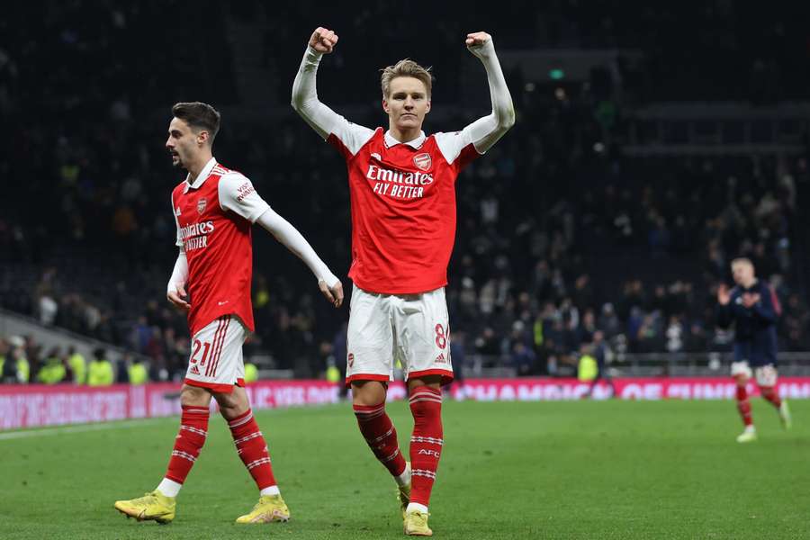 Odegaard celebrates Arsenal's win against Spurs