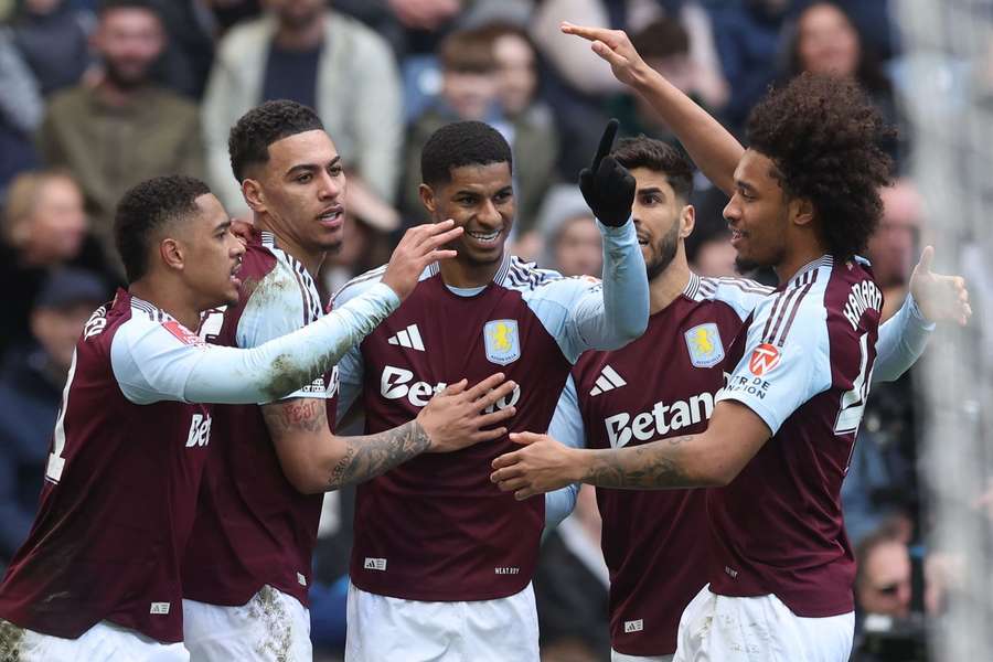Marcus Rashford of Aston Villa celebrates scoring the opener against Preston North End in the Emirates FA Cup