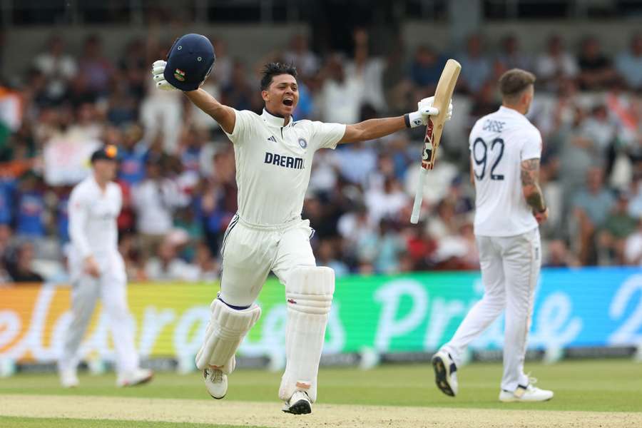 India's Yashasvi Jaiswal celebrates reaching his century on the opening day