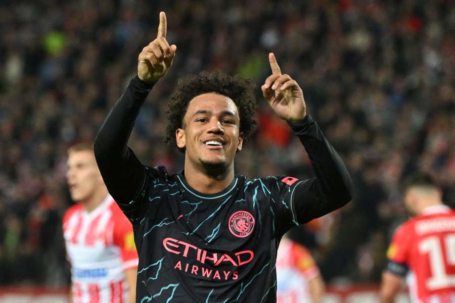 Oscar Bobb celebrates doubling Man City's lead against Crvena zvezda in the 62nd minute