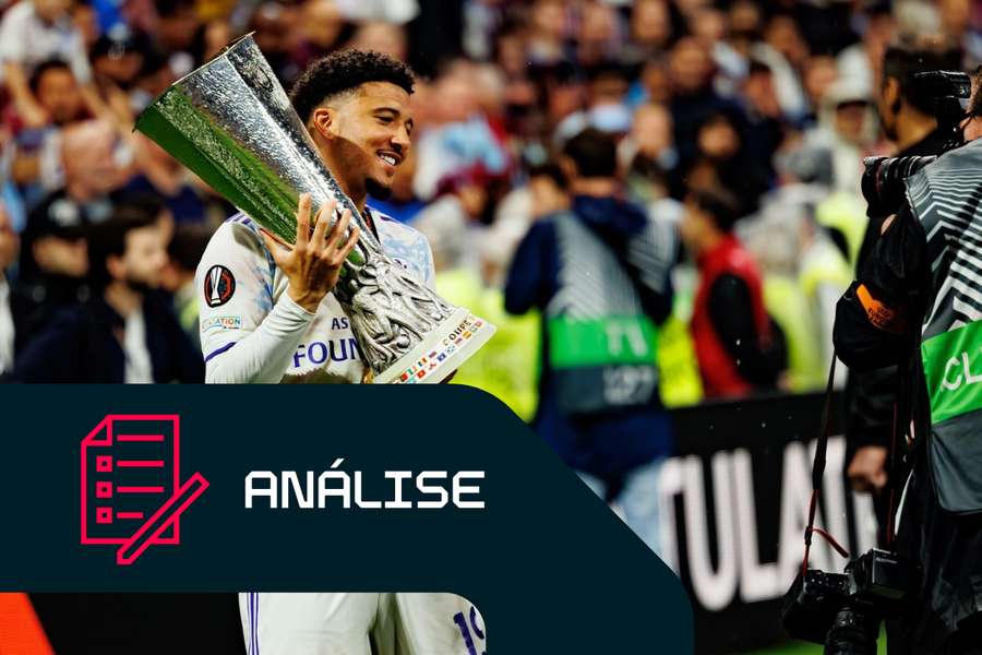 Jadon Sancho após a final da Liga Europa em 2026, entre o Friburgo e o Aston Villa Jadon Sancho após a final da Liga Europa em 2026, entre o Friburgo e o Aston Villa