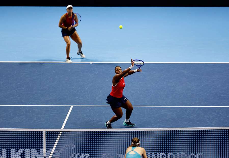 Jessica Pegula and Taylor Townsend of the USA in action during their doubles match against Kazakhstan's Elena Rybakina and Yulia Putintseva