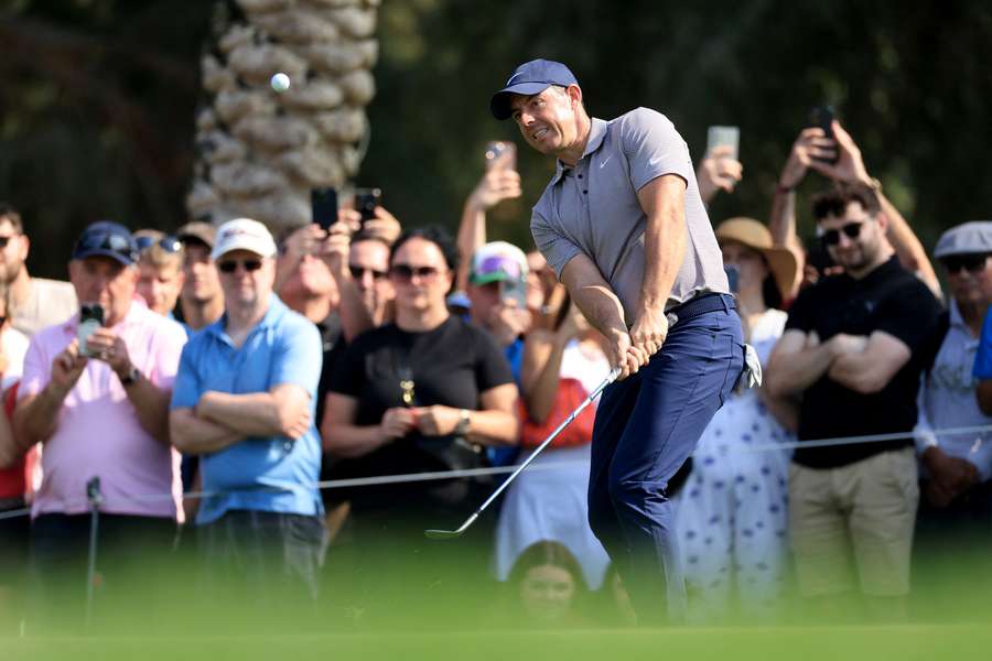 Rory McIlroy of Northern Ireland plays his second shot on the 17th hole during the third round