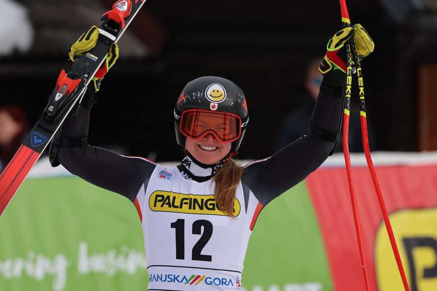 Valerie Grenier celebrates her win in Slovenia