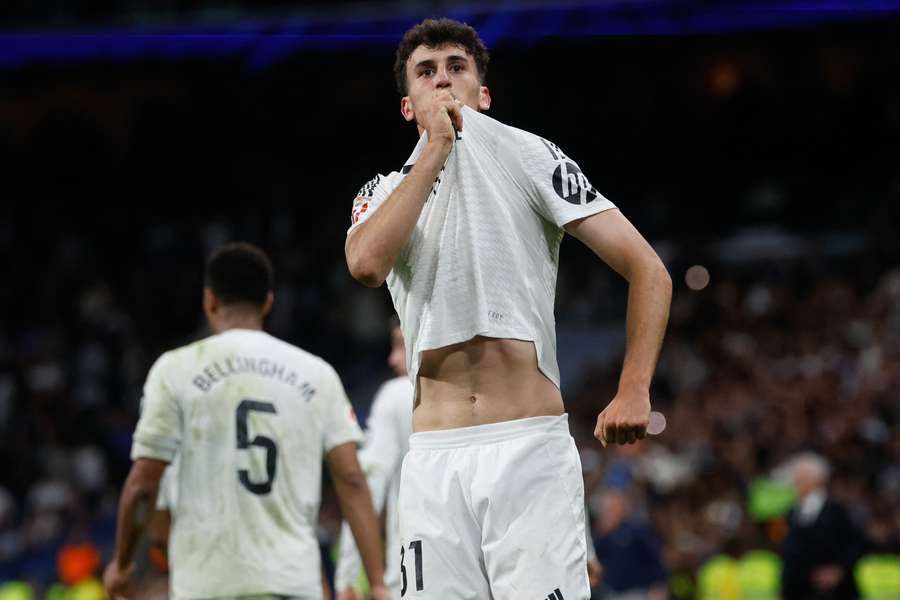 Real Madrid's Spanish defender Jacobo Ramon celebrates scoring their last-minute winner against Mallorca