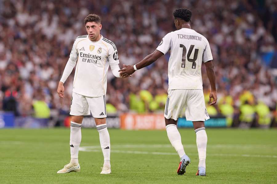 Real Madrid's Federico Valverde and Aurelien Tchouameni