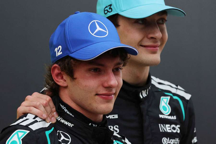 Mercedes' Kimi Antonelli after winning the Chinese Grand Prix with second-placed Mercedes' George Russell