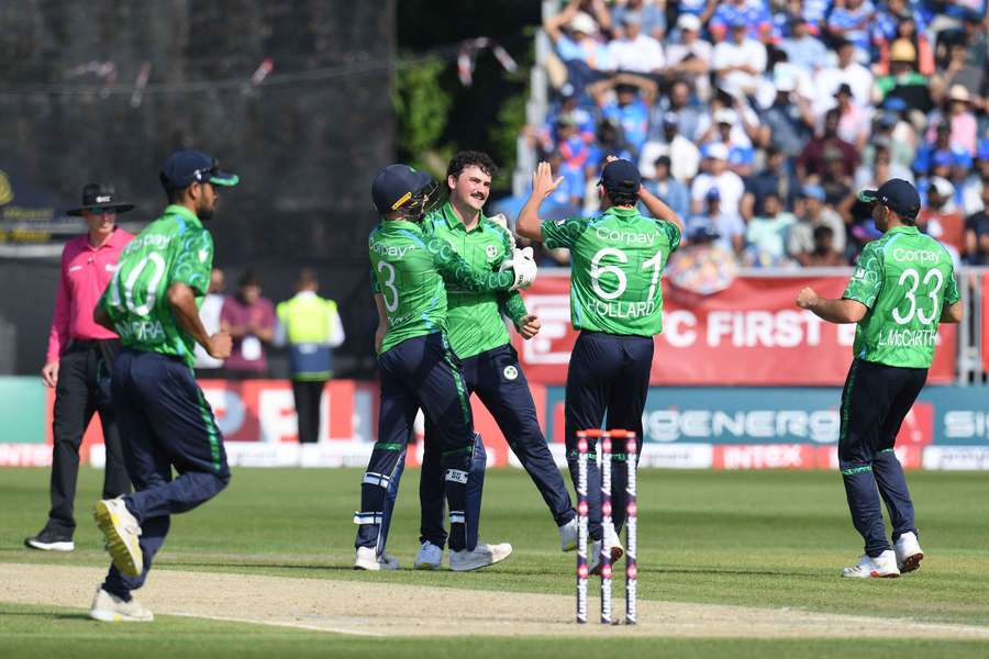 Matthew Humphreys of Ireland celebrates taking a wicket