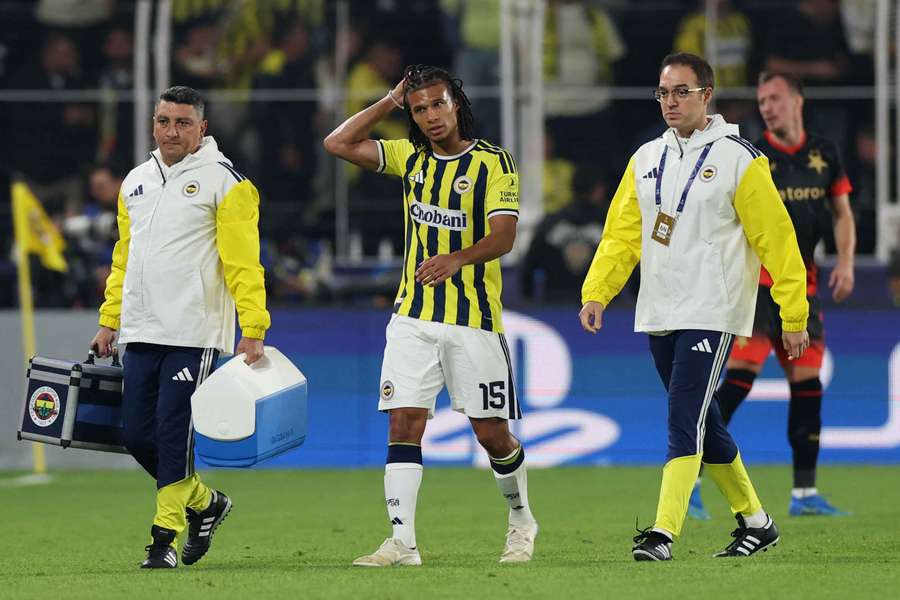 Ake walks off after suffering a moderate strain and ⁠swelling ​in his right leg during a match against Slavia ‌Prague in the Champions League.