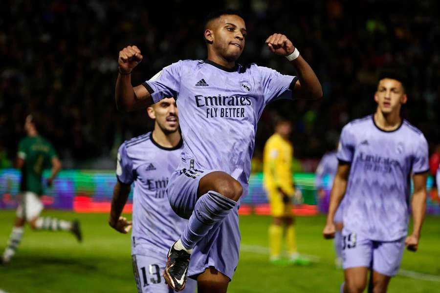 Real Madrid's Rodrygo celebrates after scoring the opening goal
