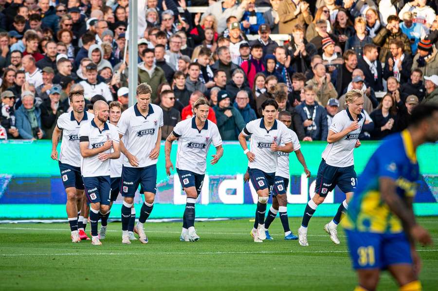 AGF celebrated after scoring against Brondby AGF celebrated after scoring against Brondby